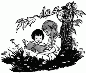 children reading under a tree